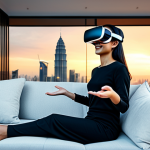 A diverse person, fully clothed in comfortable, modest attire, sitting relaxed on a modern sofa in a well-lit living room. They are wearing a sleek, futuristic VR headset. Their hands are gently raised, making natural, open gestures towards a subtly translucent, minimalist virtual interface that floats in front of them. The background behind the person seamlessly transitions into a breathtaking, high-definition virtual panoramic view of the Petronas Twin Towers at sunset, showcasing vibrant city lights. The scene emphasizes intuitive user interface design and immersive virtual travel. professional dress, safe for work, appropriate content, fully clothed, family-friendly, perfect anatomy, correct proportions, natural pose, well-formed hands, proper finger count, natural body proportions, professional photography, high quality.