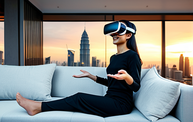 A diverse person, fully clothed in comfortable, modest attire, sitting relaxed on a modern sofa in a well-lit living room. They are wearing a sleek, futuristic VR headset. Their hands are gently raised, making natural, open gestures towards a subtly translucent, minimalist virtual interface that floats in front of them. The background behind the person seamlessly transitions into a breathtaking, high-definition virtual panoramic view of the Petronas Twin Towers at sunset, showcasing vibrant city lights. The scene emphasizes intuitive user interface design and immersive virtual travel. professional dress, safe for work, appropriate content, fully clothed, family-friendly, perfect anatomy, correct proportions, natural pose, well-formed hands, proper finger count, natural body proportions, professional photography, high quality.