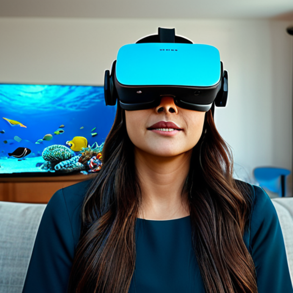 A professional adult, fully clothed in modest, comfortable attire, wearing a sleek, modern VR headset. The scene depicts a seamless blend of reality and virtual immersion; the user's physical presence is anchored in a subtly blurred, contemporary home living room, while the vibrant, hyper-realistic virtual environment of the Great Barrier Reef with colorful coral reefs and diverse marine life vividly surrounds them, giving a sense of being transported. Perfect anatomy, correct proportions, natural pose, well-formed hands, proper finger count, natural body proportions, professional photography, cinematic lighting, high detail, high quality, safe for work, appropriate content, fully clothed, professional, family-friendly.