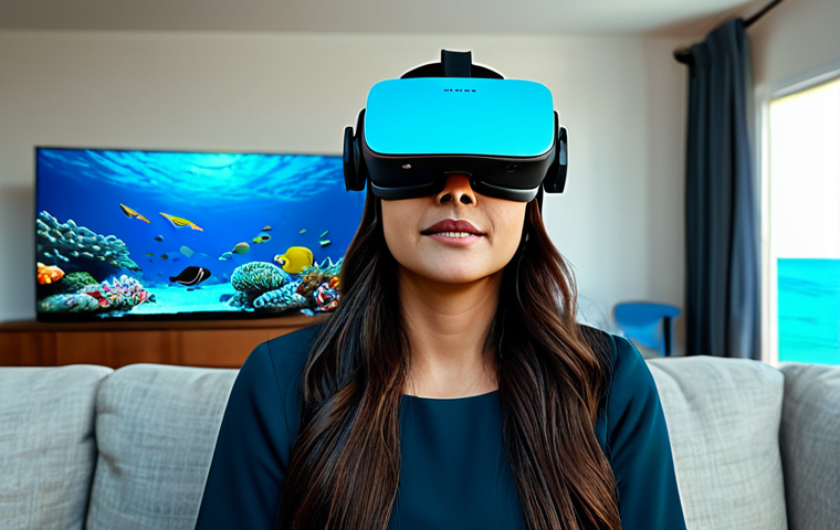 A professional adult, fully clothed in modest, comfortable attire, wearing a sleek, modern VR headset. The scene depicts a seamless blend of reality and virtual immersion; the user's physical presence is anchored in a subtly blurred, contemporary home living room, while the vibrant, hyper-realistic virtual environment of the Great Barrier Reef with colorful coral reefs and diverse marine life vividly surrounds them, giving a sense of being transported. Perfect anatomy, correct proportions, natural pose, well-formed hands, proper finger count, natural body proportions, professional photography, cinematic lighting, high detail, high quality, safe for work, appropriate content, fully clothed, professional, family-friendly.