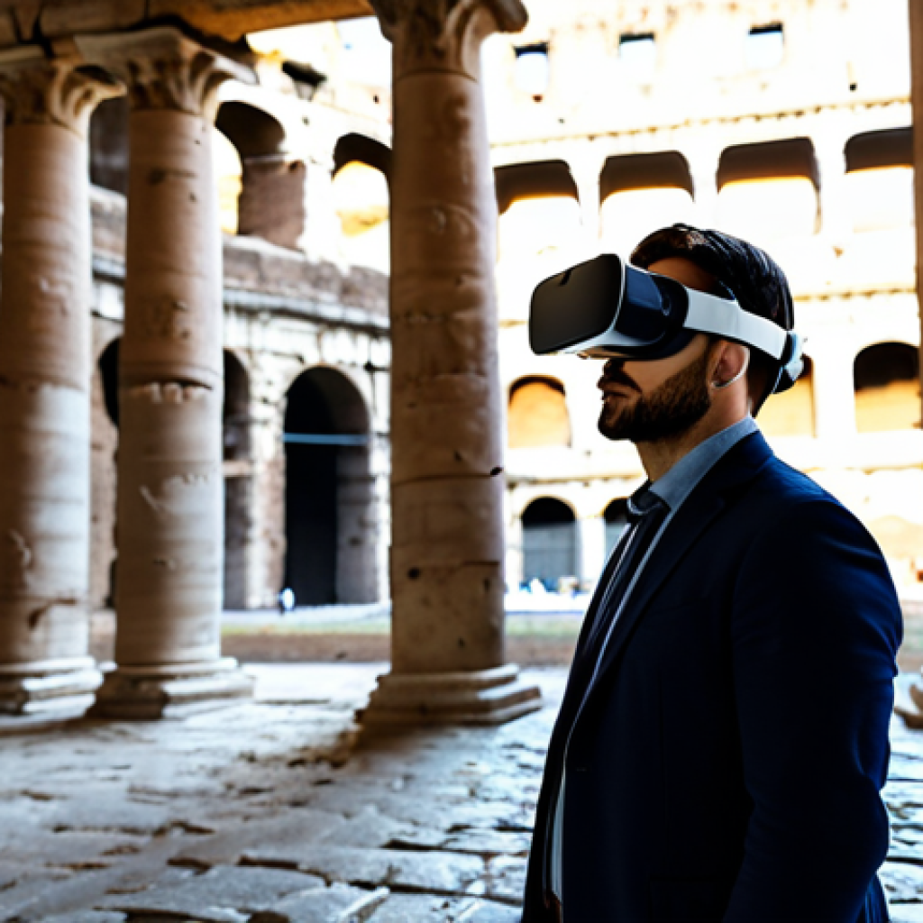 VR Historical Site Visit**
"A professional, fully clothed history enthusiast wearing a VR headset, standing in a modern living room, experiencing a virtual tour of the Colosseum in Rome, appropriate content, safe for work, perfect anatomy, natural proportions, high resolution, professional photography, detailed and immersive VR scene reflected in the headset lenses, modest clothing."
**