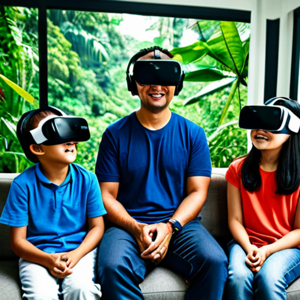 가상현실 여행의 기술적 기초 - **
"A family enjoying a VR travel experience together in their living room. They are all wearing VR...
