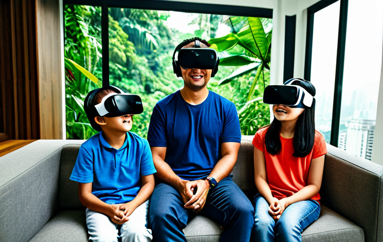 가상현실 여행의 기술적 기초 - **
"A family enjoying a VR travel experience together in their living room. They are all wearing VR...