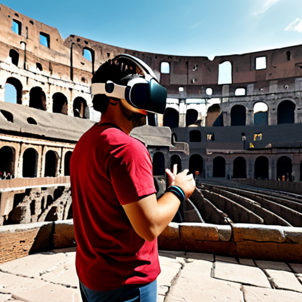 가상현실 여행의 시뮬레이션 기술 - VR Colosseum Experience**
A person wearing a VR headset in a modern living room, fully clothed in c...