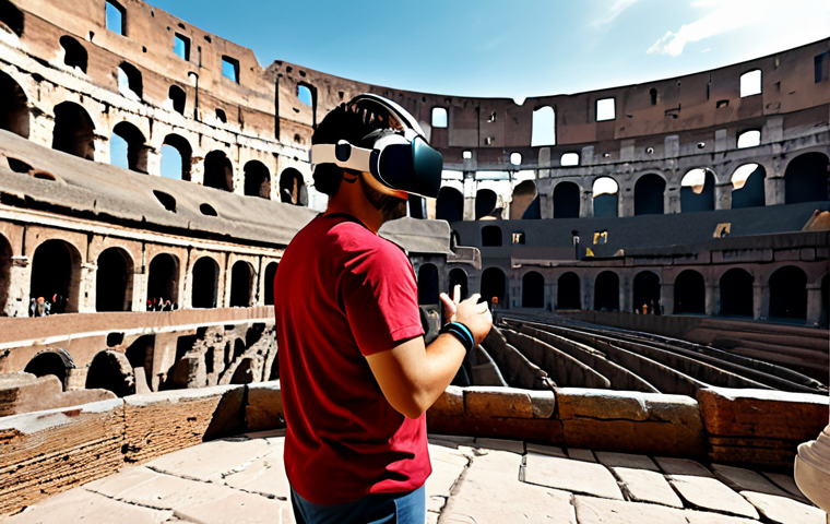 가상현실 여행의 시뮬레이션 기술 - VR Colosseum Experience**
A person wearing a VR headset in a modern living room, fully clothed in c...
