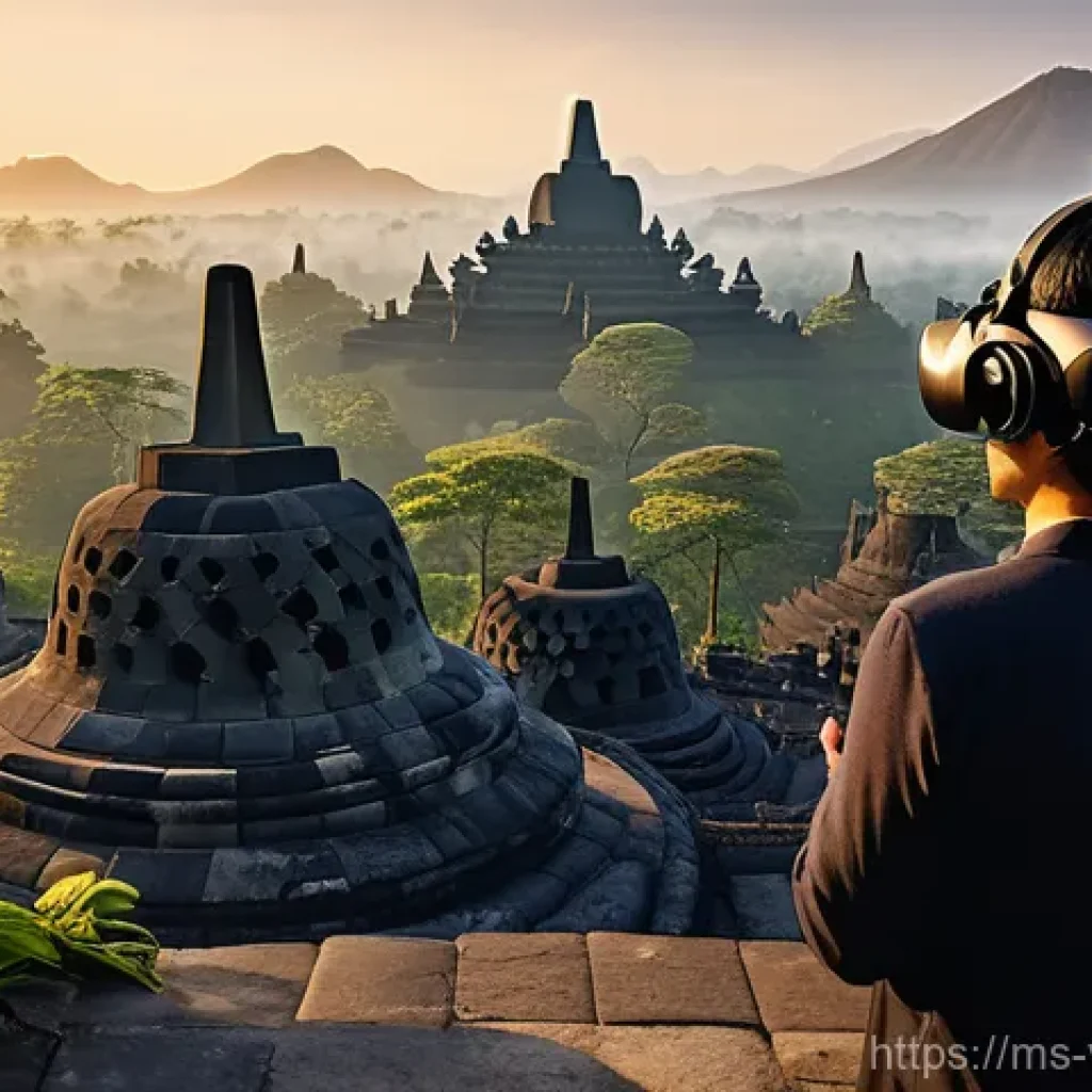 가상현실 여행의 인터랙션 디자인 - **Prompt 1: Immersive VR Exploration of Borobudur Temple with Haptic Feedback**
    "A person, weari...