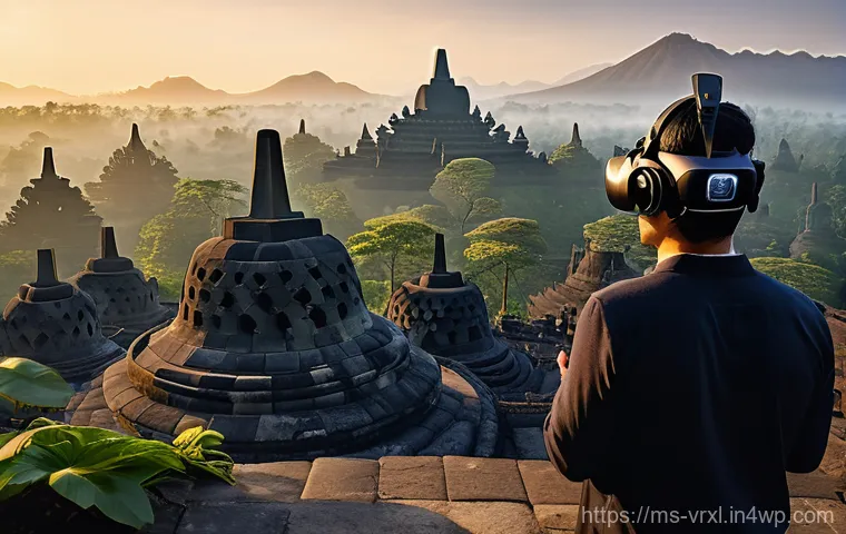 가상현실 여행의 인터랙션 디자인 - **Prompt 1: Immersive VR Exploration of Borobudur Temple with Haptic Feedback**
"A person, weari...
