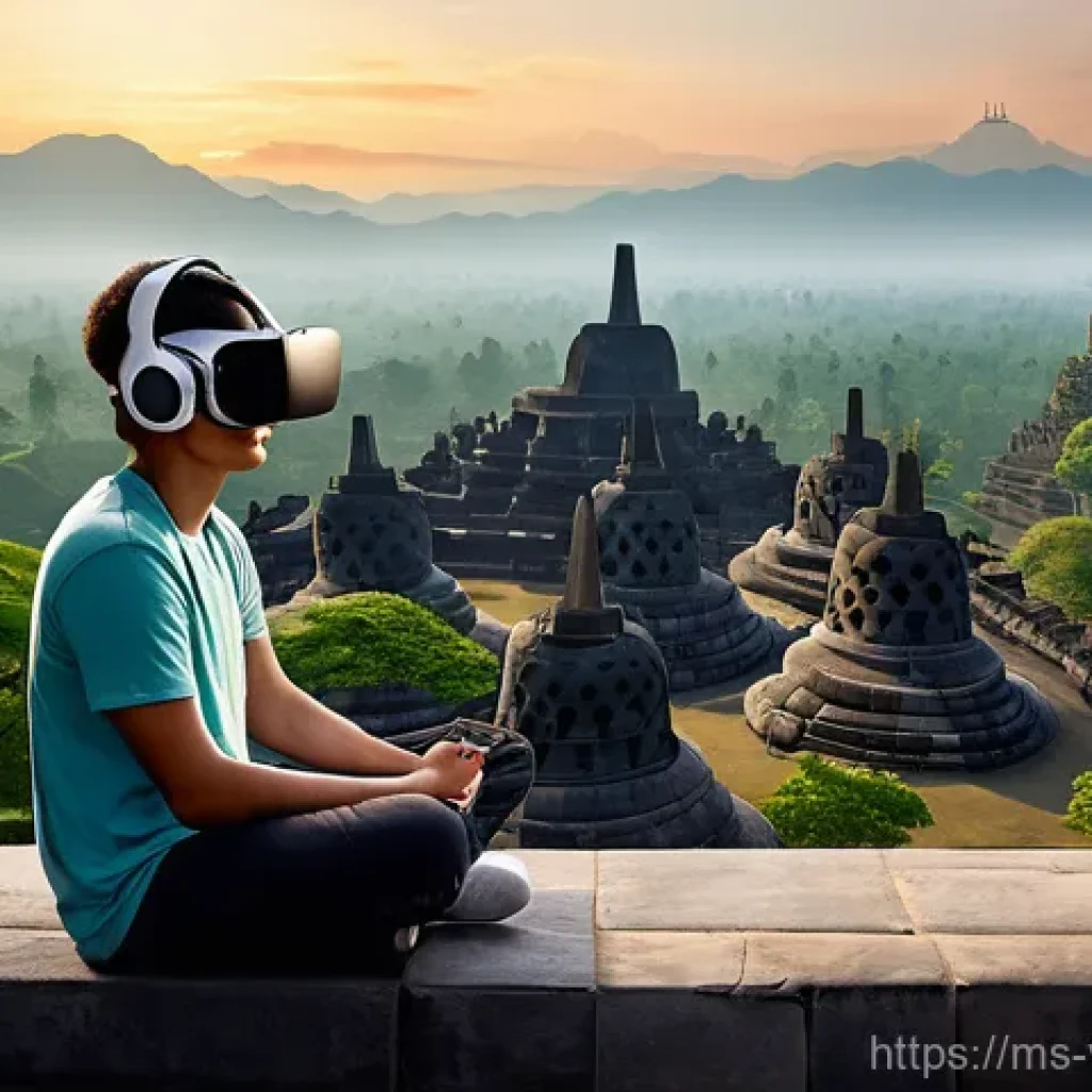 가상현실 여행에서의 스토리텔링 - **Immersive Borobudur Exploration**
"A young adult, ethnically diverse, seated comfortably on a ...