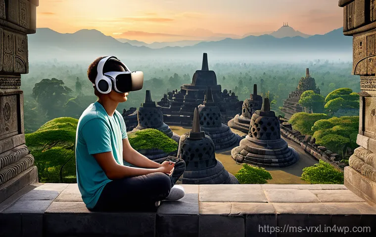 가상현실 여행에서의 스토리텔링 - **Immersive Borobudur Exploration**
"A young adult, ethnically diverse, seated comfortably on a ...