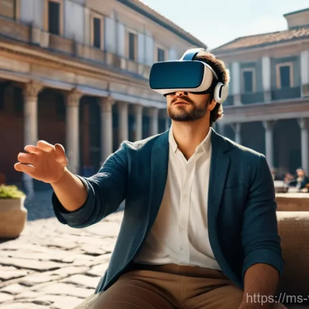 가상현실 여행 플랫폼 비교 - **Immersive Ancient City VR Experience:** A person, mid-20s, with a look of awe and wonder, wearing ...