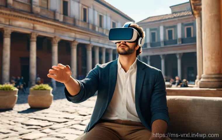가상현실 여행 플랫폼 비교 - **Immersive Ancient City VR Experience:** A person, mid-20s, with a look of awe and wonder, wearing ...