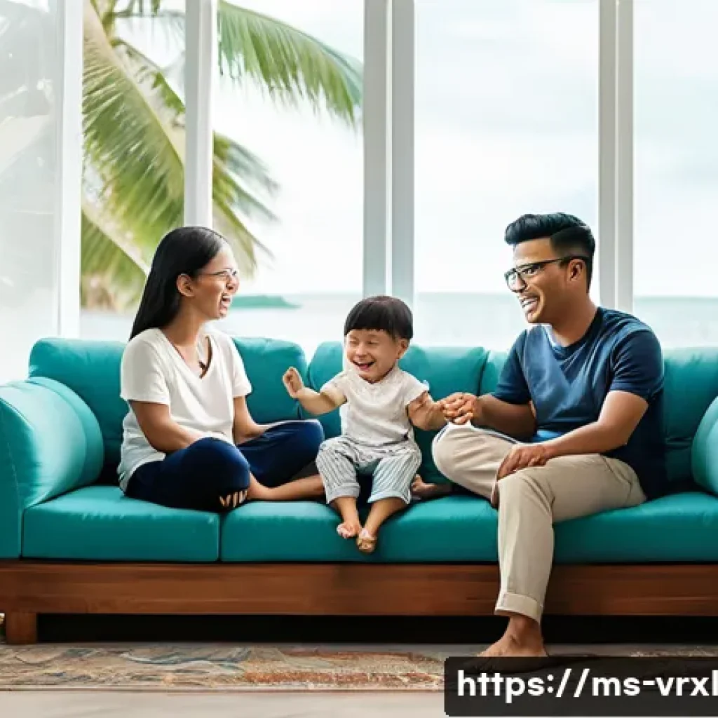 가상현실 여행의 효과적인 마케팅 캠페인 - **Prompt:** A cheerful Malaysian family, consisting of a father, mother, and two young children (a t...