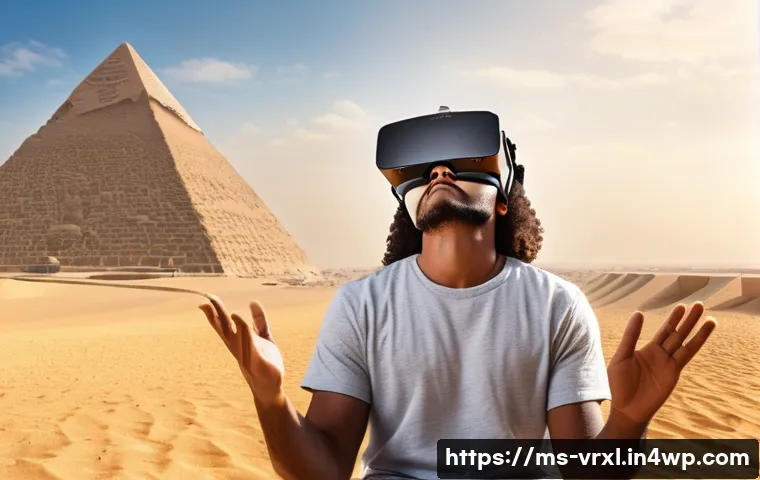 가상현실 여행의 다문화 체험 - **Immersive Giza Pyramids VR Experience**
A young adult, either male or female, is seated comfor...