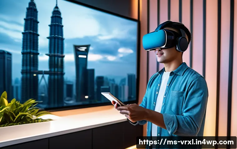 가상현실 여행의 글로벌 시장 동향 - A futuristic Malaysian living room scene with a young adult wearing a lightweight wireless VR headse...