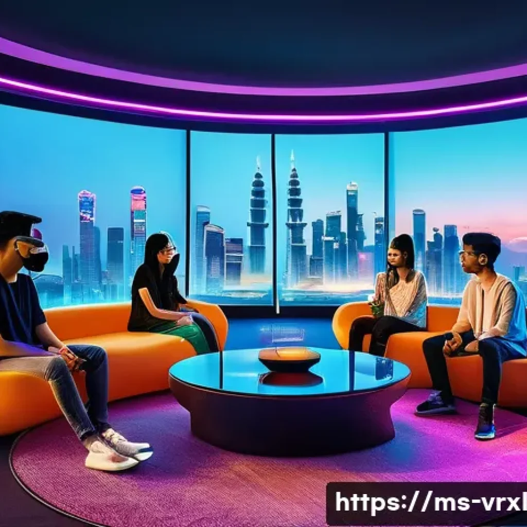 가상현실 여행의 공동체 형성 - A vibrant virtual reality social gathering scene set in a futuristic digital lounge, featuring diver...