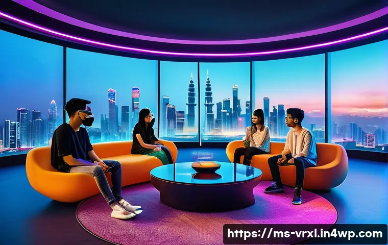 가상현실 여행의 공동체 형성 - A vibrant virtual reality social gathering scene set in a futuristic digital lounge, featuring diver...