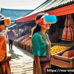 Home 19 가상현실 여행의 사용자 분석 - A young Malay woman wearing modern casual clothing and VR headset, exploring a vibrant virtual tradi...