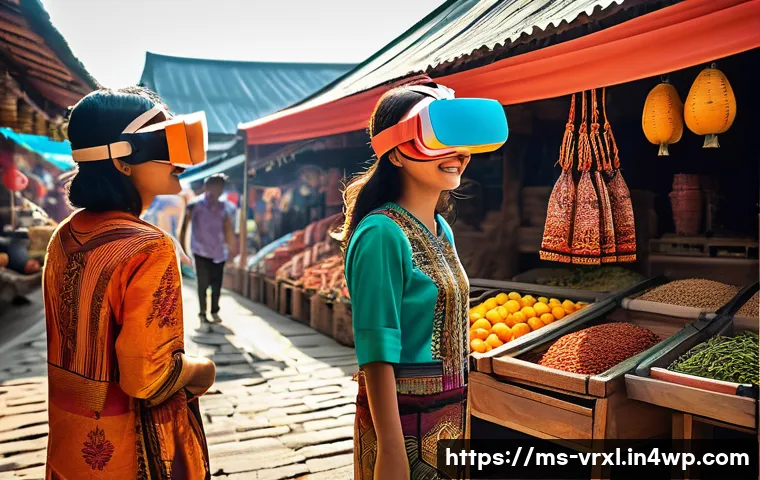 가상현실 여행의 사용자 분석 - A young Malay woman wearing modern casual clothing and VR headset, exploring a vibrant virtual tradi...