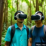 Home 18 가상현실 여행의 디지털 전환 - A diverse group of young adults wearing casual clothing and VR headsets, engaging in a virtual tour ...