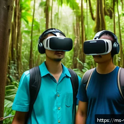 Home 30 가상현실 여행의 디지털 전환 - A diverse group of young adults wearing casual clothing and VR headsets, engaging in a virtual tour ...