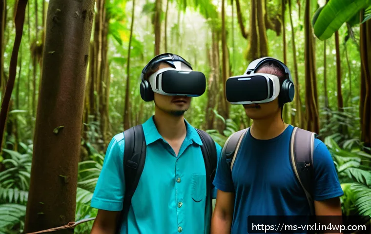 가상현실 여행의 디지털 전환 - A diverse group of young adults wearing casual clothing and VR headsets, engaging in a virtual tour ...