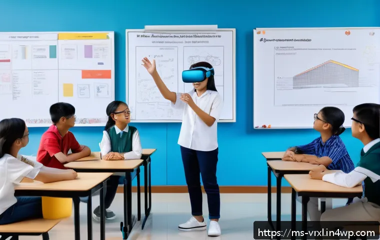 가상현실 여행의 다양한 활용 분야 - A Malaysian classroom scene featuring diverse students wearing casual clothing and VR headsets, enga...
