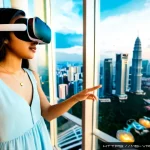 Home 23 가상현실 여행에서의 사용자 인터페이스 - Photorealistic young Malay woman wearing a sleek VR headset in a modern Kuala Lumpur apartment, usin...