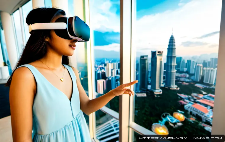가상현실 여행에서의 사용자 인터페이스 - Photorealistic young Malay woman wearing a sleek VR headset in a modern Kuala Lumpur apartment, usin...