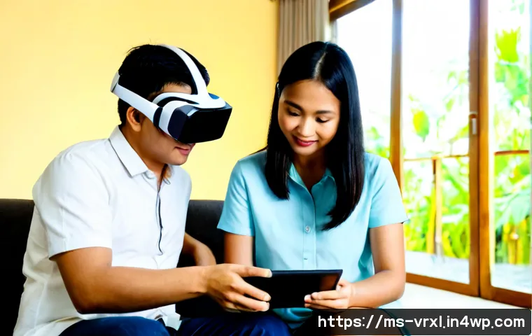 가상현실 여행으로 가는 법 - Photorealistic Malaysian family in a bright modern living room preparing for virtual reality travel,...